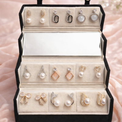 Pair Korean Earrings Combo Set with Glass Jewellery Box | Pearl Drop, Stud, Heart, Bow & Moon Design